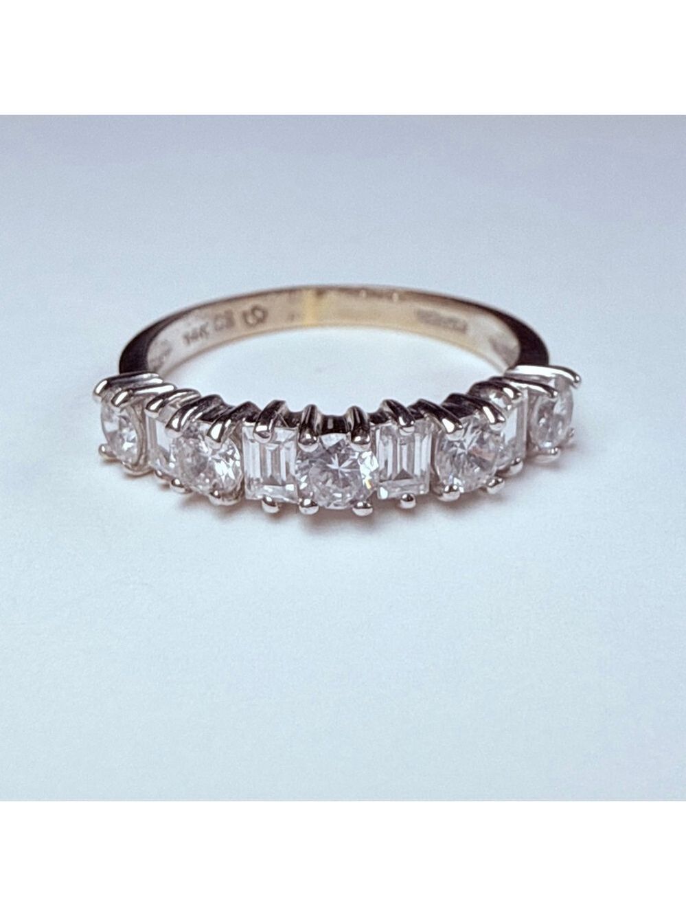 14K Solid White Gold Half Eternity Cubic Zirconia Emerald & Round CZ Band Ring